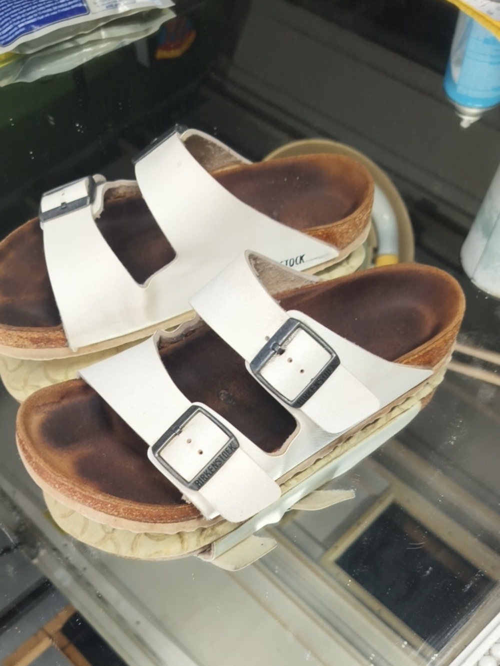 Women's 10 white Birkenstock Arizona sandals dual straps Dark Metal Buckle.